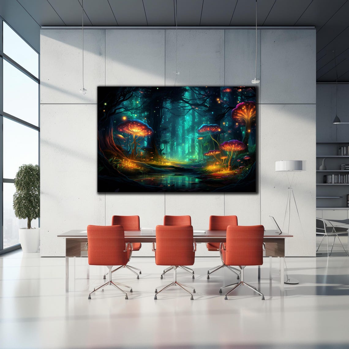Fantasy Glowing Mushroom Forest Neon Teal Firefly Night Wall Art - Image 2