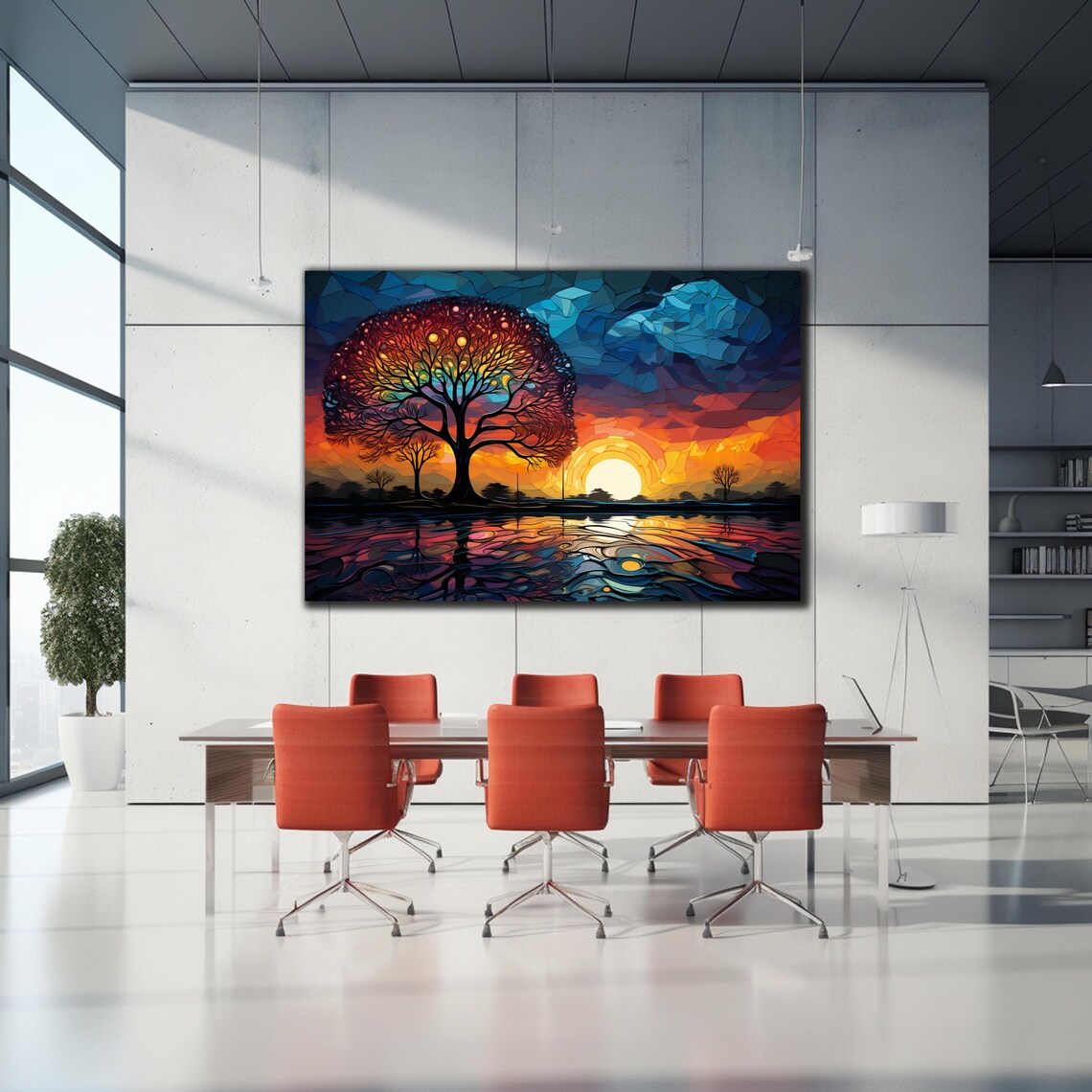 Tree of Life Stained Glass Mosaic Sunset Lake Reflection Art Poster - Image 2