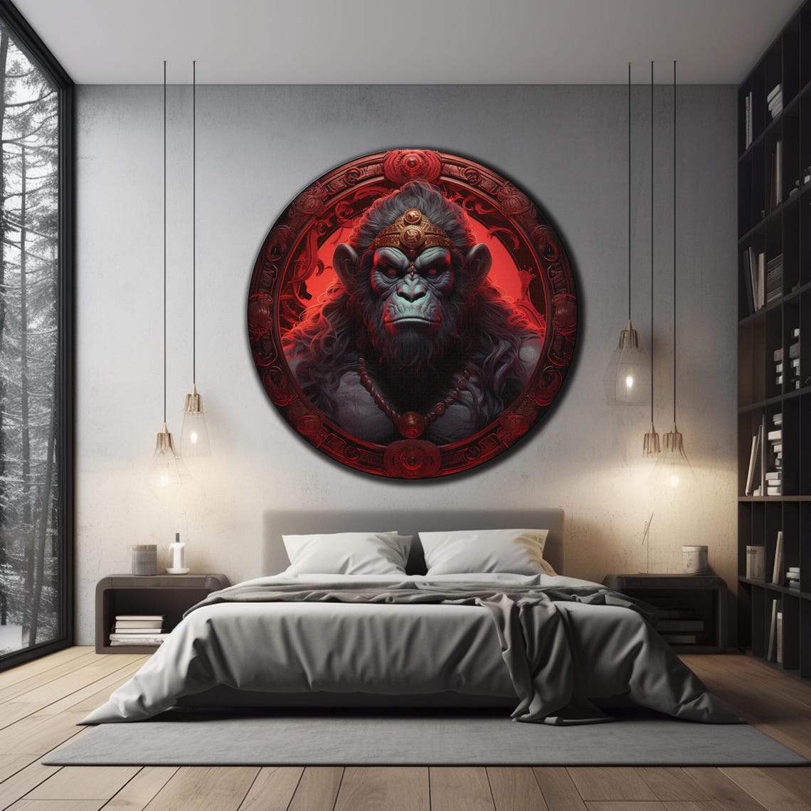 Hanuman Fierce Red Eyes Golden Crown Hindu God Round Wall Art - Image 3