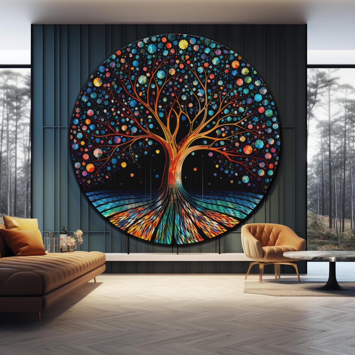 Tree of Life Round Colorful Flower Bloom Night Sky Wall Art Poster - Image 3
