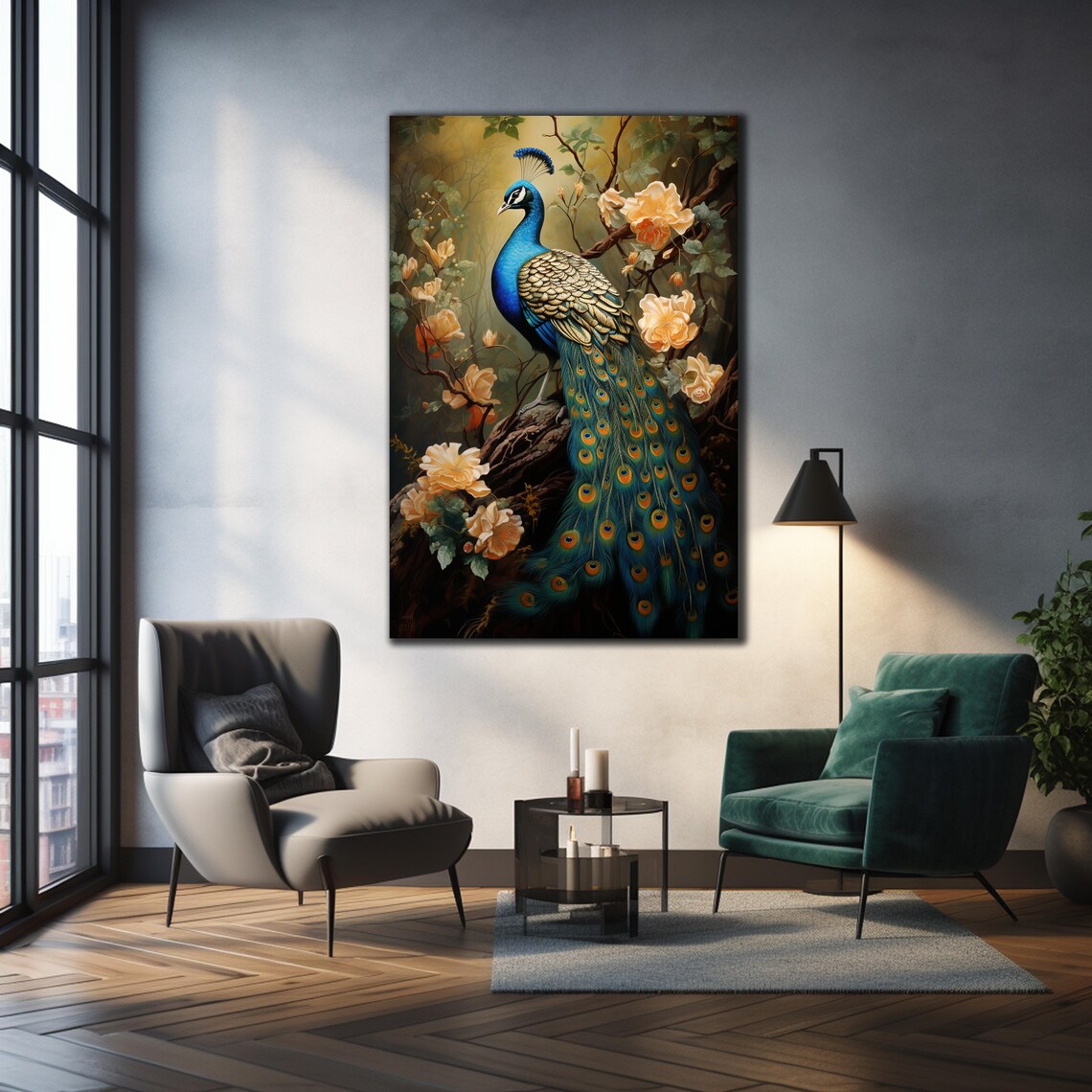 Peacock Golden Roses Floral Forest Vintage Botanical Style Wall Art - Image 2