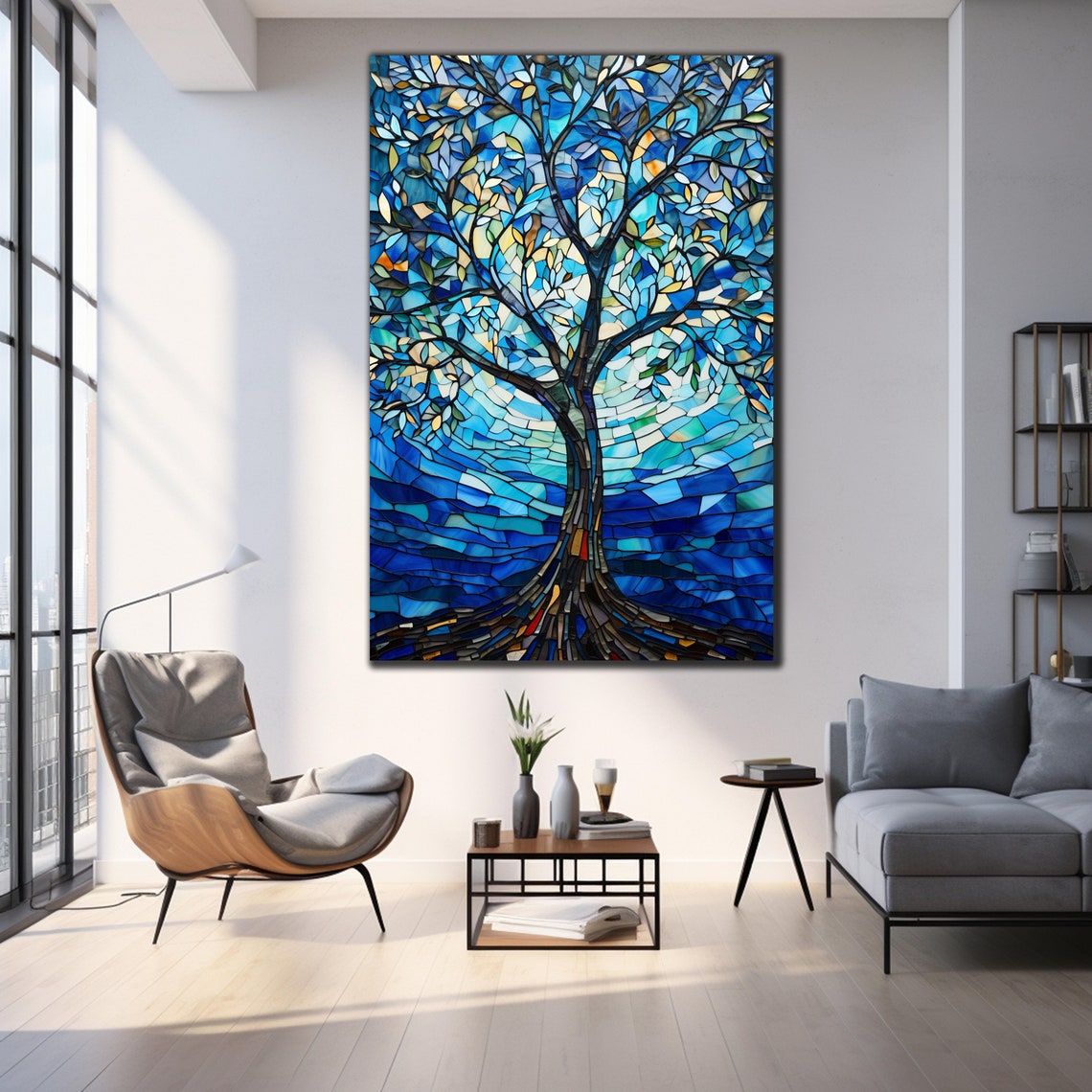 Tree of Life Stained Glass Blue Mosaic Moonlit Branches Art Poster - Image 3