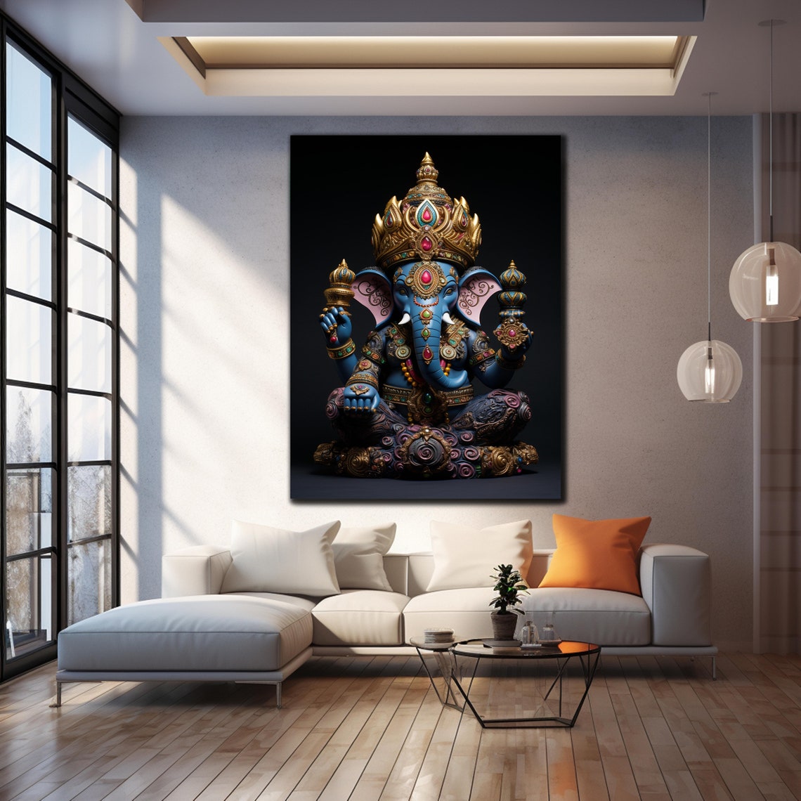 Lord Ganesha Jeweled Crown Blue Elephant God Black Art Wall Poster - Image 4