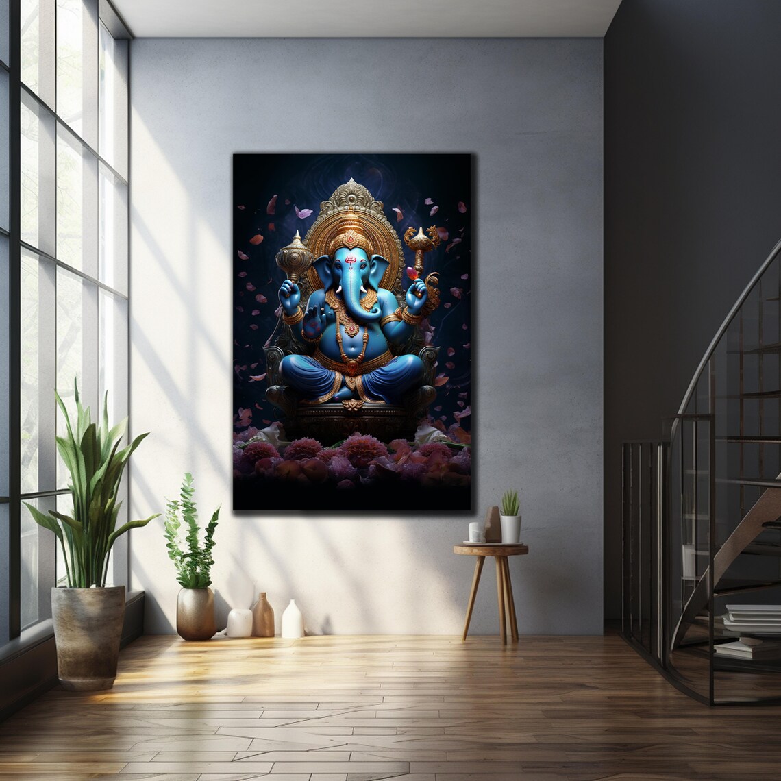 Lord Ganesha Blue Throne Golden Jewel Crown Divine Hindu Art Poster - Image 3