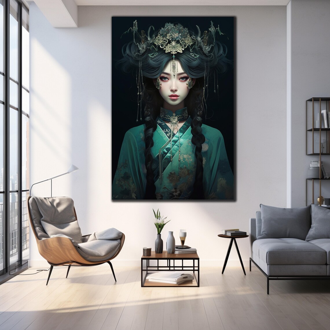 Jade Kimono Beauty Ornate Headdress Dark Regal Portrait Art Poster - Image 3