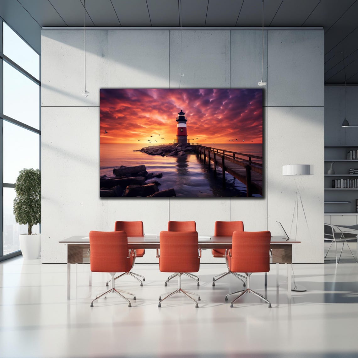 Lighthouse Sunset Red White Pier Dramatic Pink Clouds Ocean Poster - Image 2