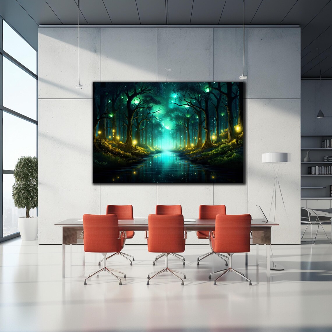 Fireflies Illuminate Forest Tempered Glass Wall Art Fantasy Neon Wall Decor Psychedelic Glowing Forest Glass Art Optical Illusion Artwork - Image 2