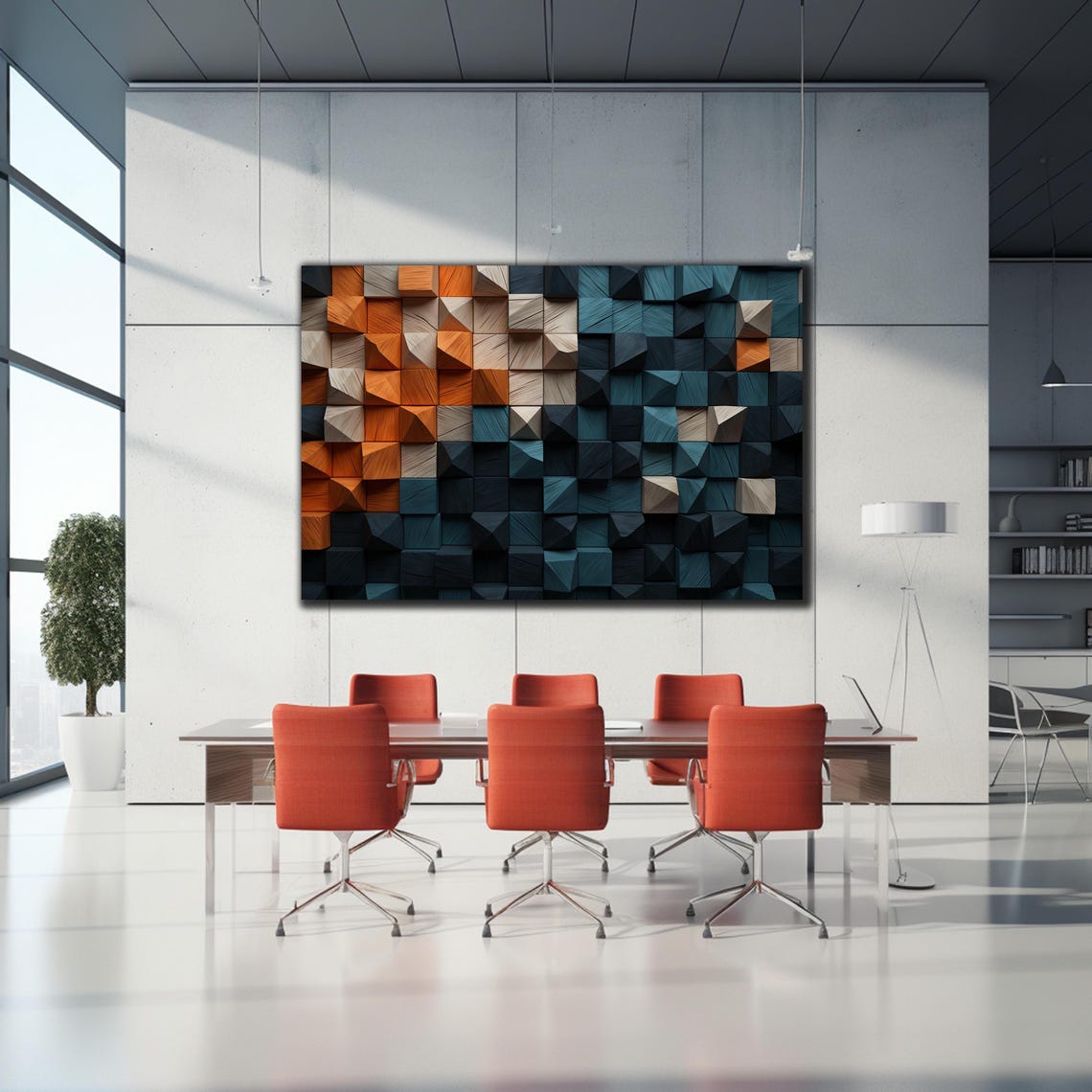 Navy Teal Orange Wood Faceted 3D Cube Block Mosaic Modern Wall Art - Image 2