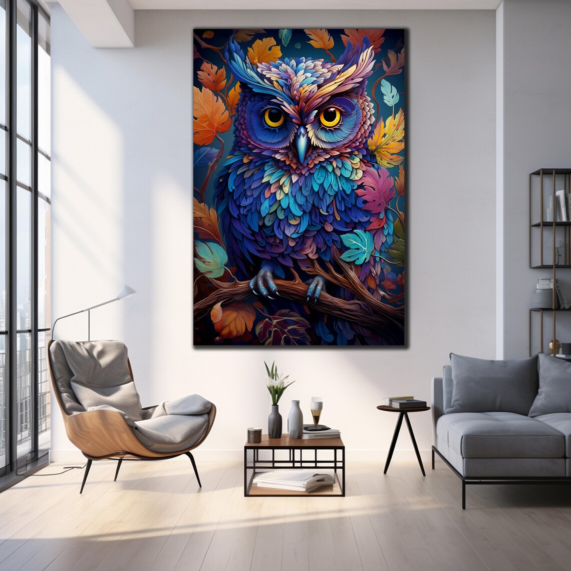 Blue Mosaic Owl Autumn Leaves Vivid Close Up Bird Art Wall Poster - Image 3