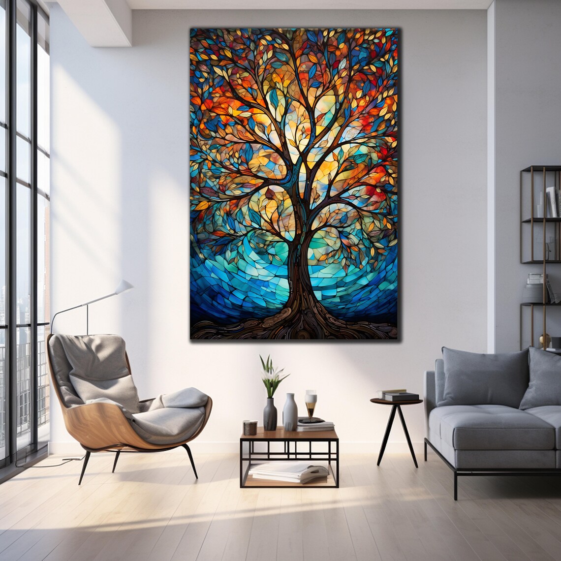 Tree of Life Stained Glass Mosaic Autumn Colors Warm Nature Art Poster - Image 3