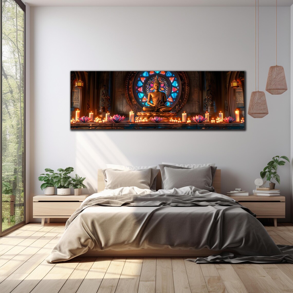 Buddha Temple Altar Candles Lotus Rose Window Panoramic Wall Art - Image 3