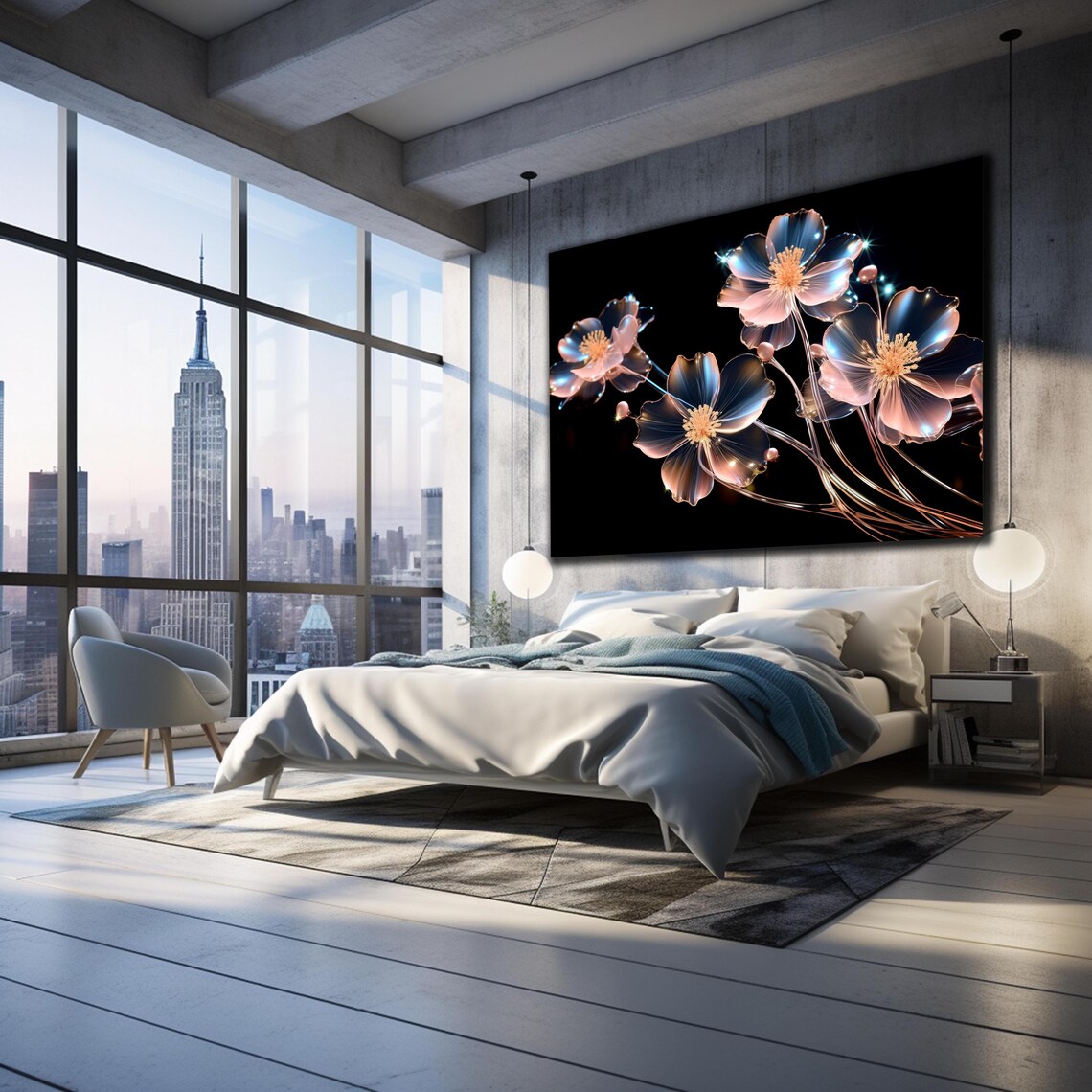 Iridescent Blue Pink Crystal Flowers Black Background Glass Wall Art - Image 2