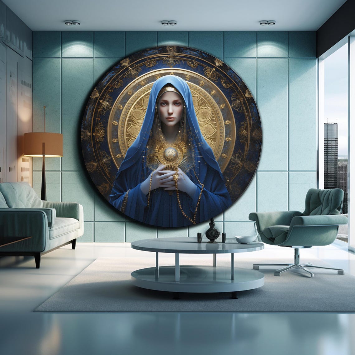 Virgin Mary Blue Robe Golden Rosary Prayer Celestial Round Wall Art - Image 2