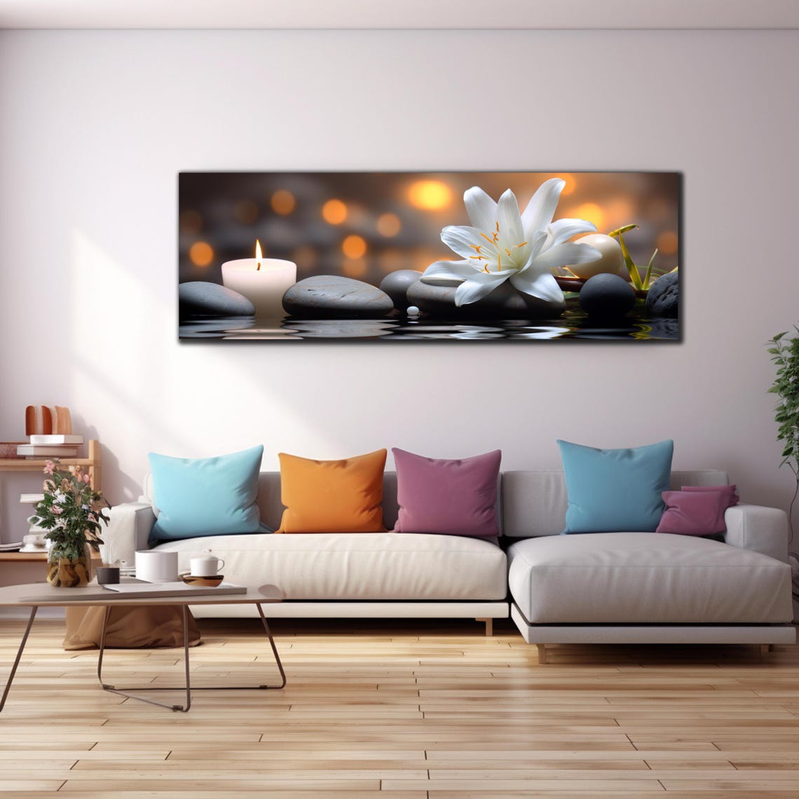 White Lily Candle Zen Stones Calm Water Panoramic Glass Wall Art - Image 4
