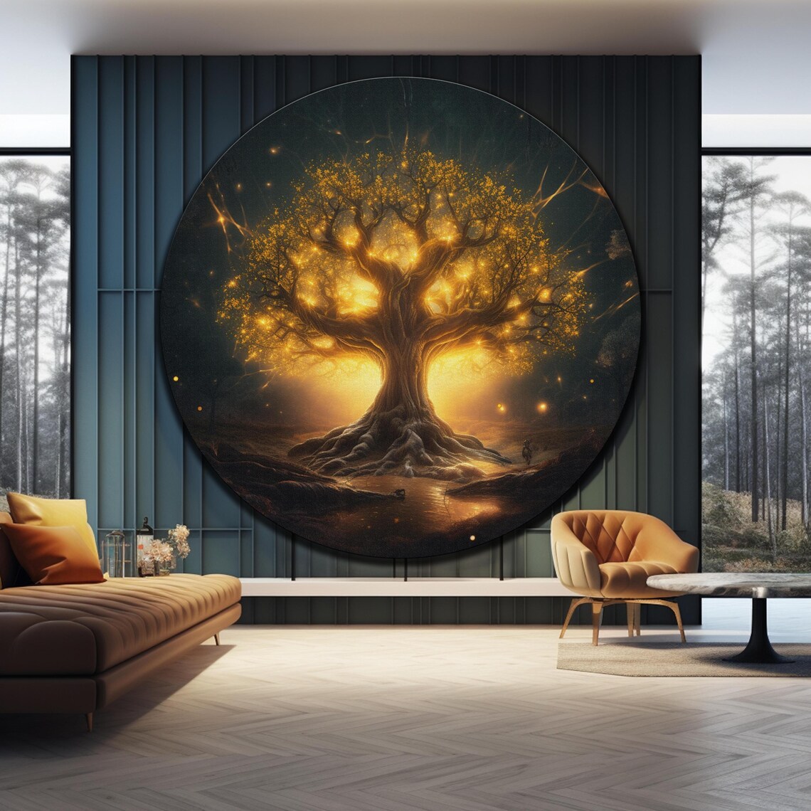 Golden Tree Of Life Glowing Night Forest Magical Round Wall Art - Image 3