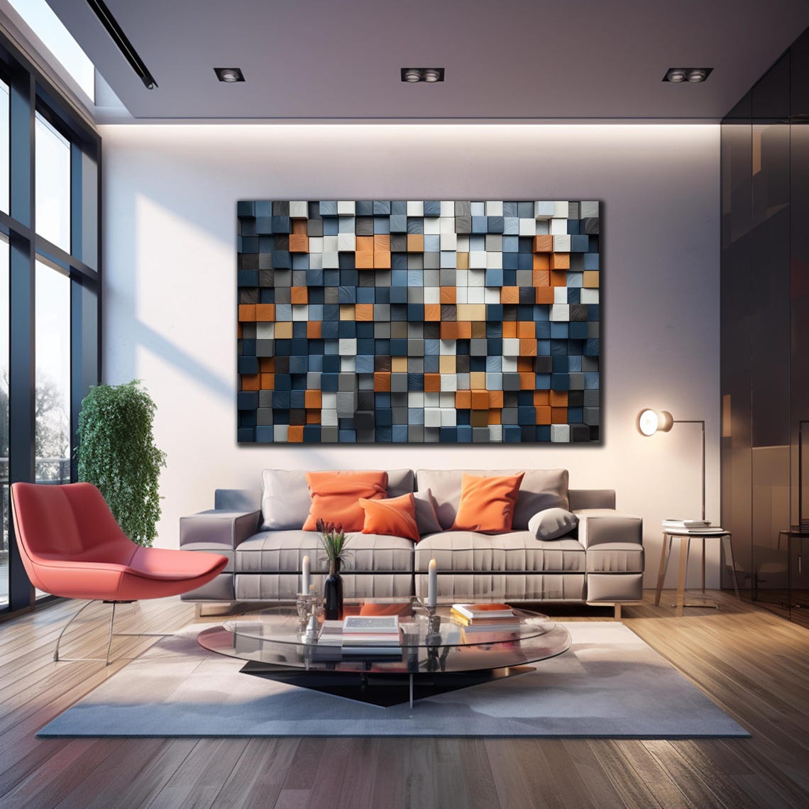 Navy Gray White Orange Small 3D Cube Mosaic Modern Geometric Wall Art - Image 3