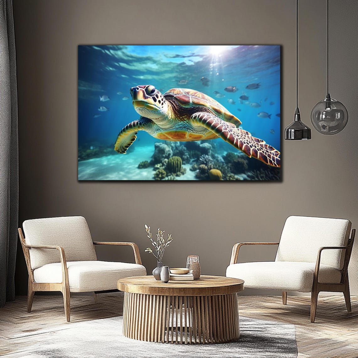 Green Sea Turtle Swimming Coral Reef Sunlit Blue Ocean Water Print - Image 3