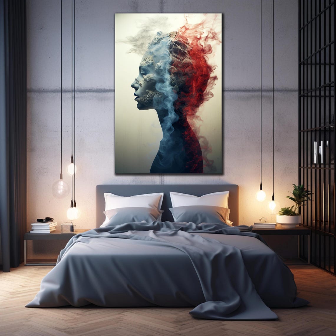Abstract Woman Profile Dissolving Blue Red Smoke Surreal Wall Art - Image 2