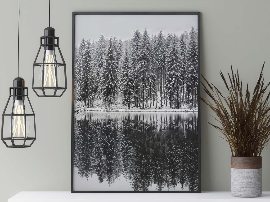 Snowy Lake In The Forest, Black And White Nature Art Print