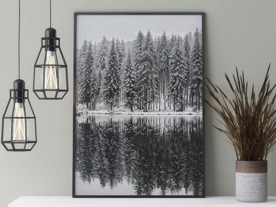 Snowy Lake In The Forest, Black And White Nature Art Print