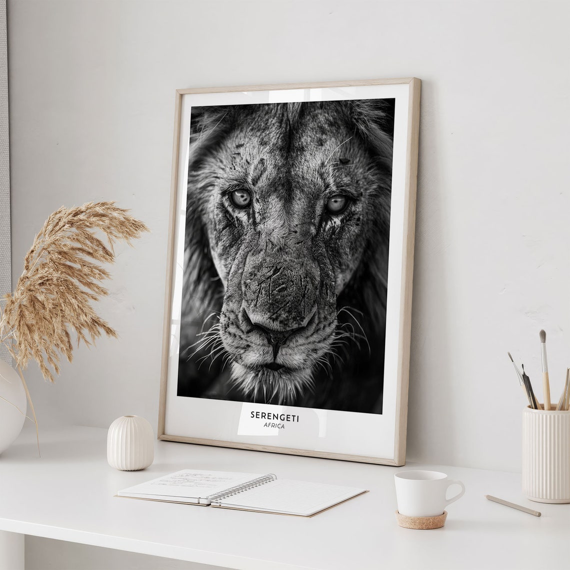 Serengeti Lion Black and White Close Up Portrait Africa Poster - Image 3