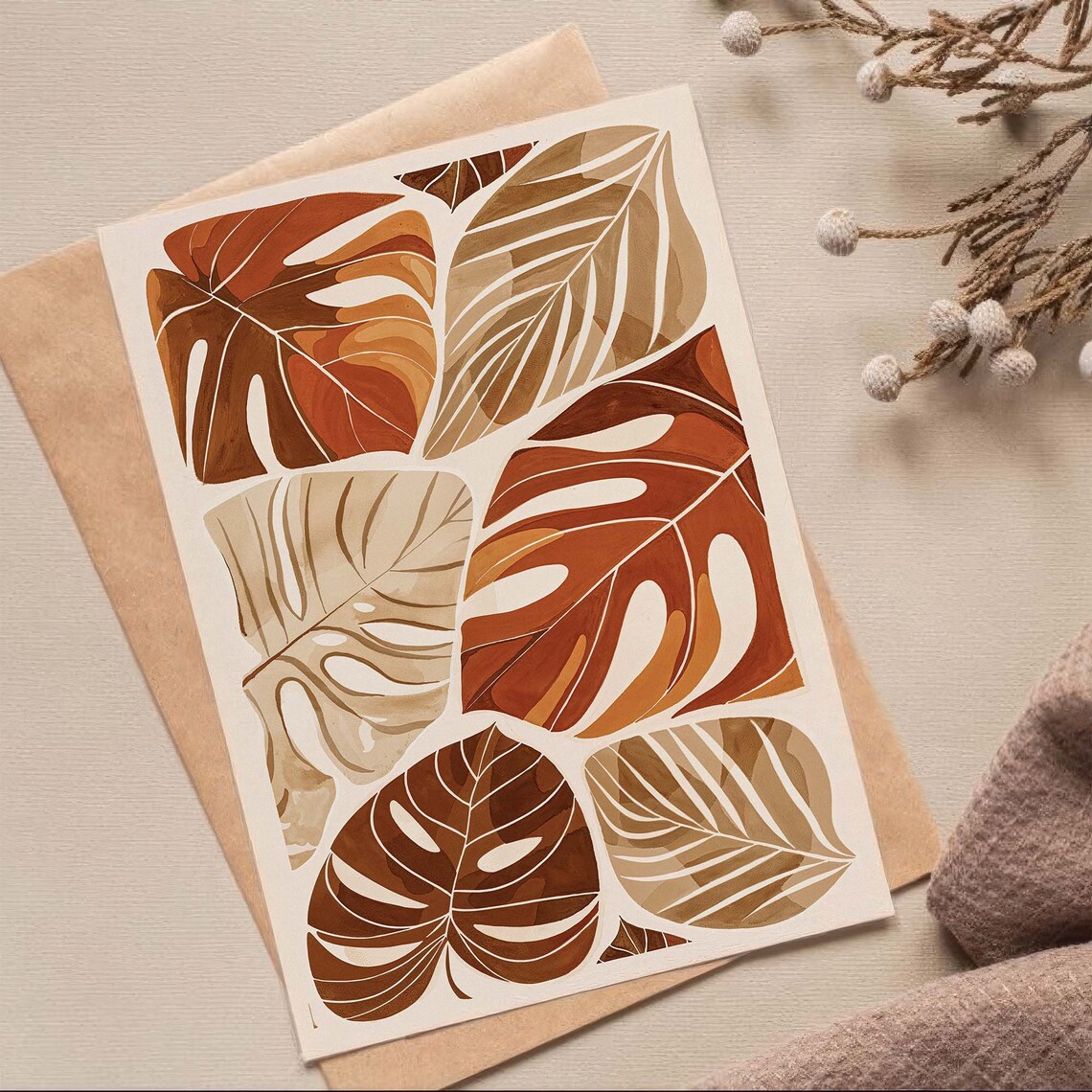 Autumn Leaves Watercolor Monstera Burnt Orange Scandi Botanical Poster - Image 2