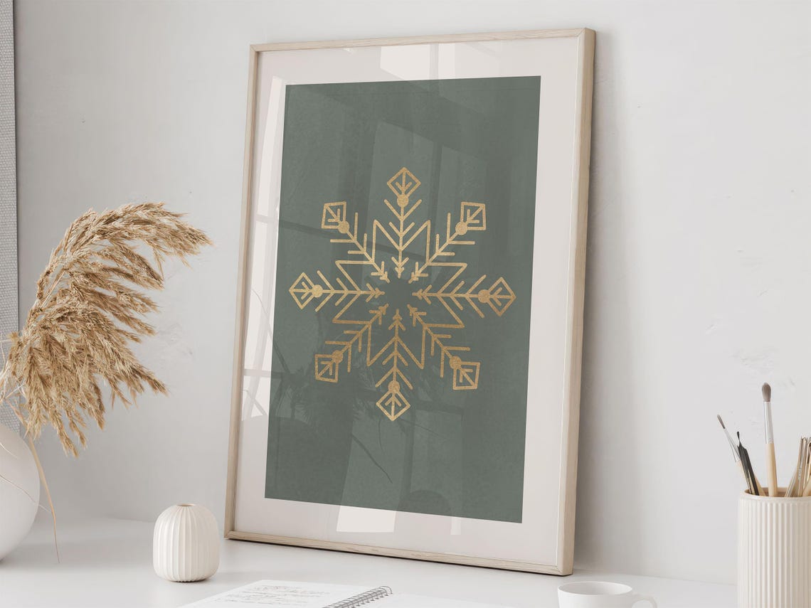 Geometric Gold Snowflake on Deep Green Holiday Christmas Poster - Image 2