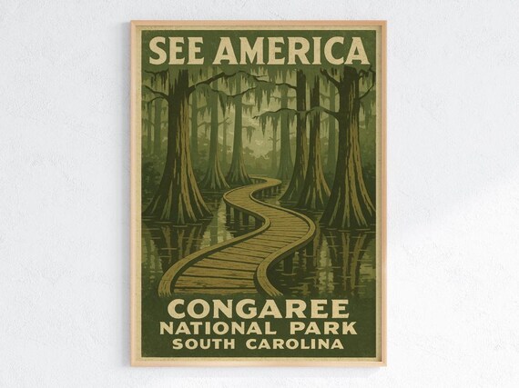 Congaree National Park Vintage WPA Style Cypress Swamp Travel Poster