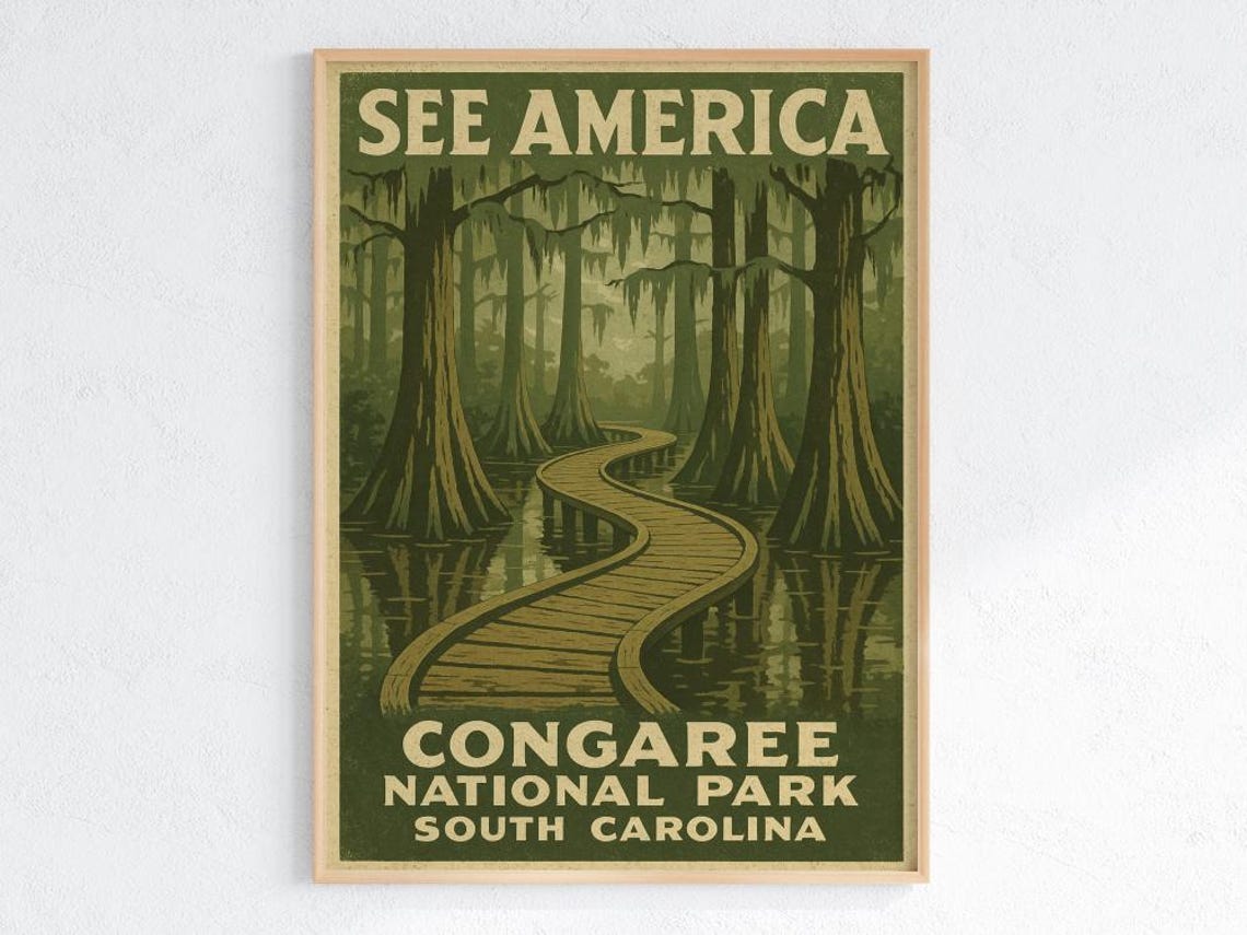 Congaree National Park Vintage WPA Style Cypress Swamp Travel Poster