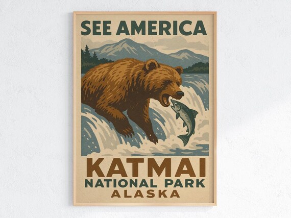 Katmai National Park Vintage WPA Style Alaska Bear Salmon Poster