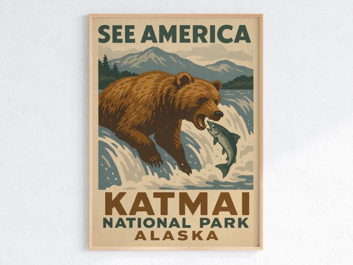 Katmai National Park Vintage WPA Style Alaska Bear Salmon Poster
