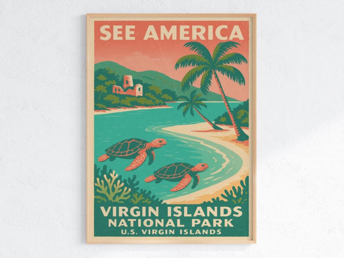 Virgin Islands National Park Tropical Sea Turtle Vintage WPA Poster