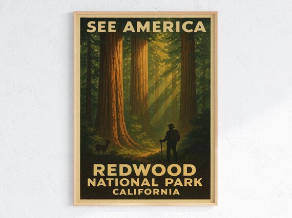 Redwood National Park California Vintage WPA Style Forest Poster