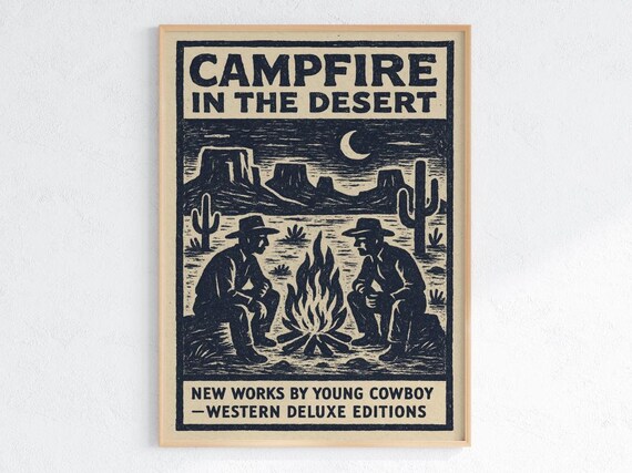 Campfire in the Desert Poster Vintage Western Cowboys Night Sky Art