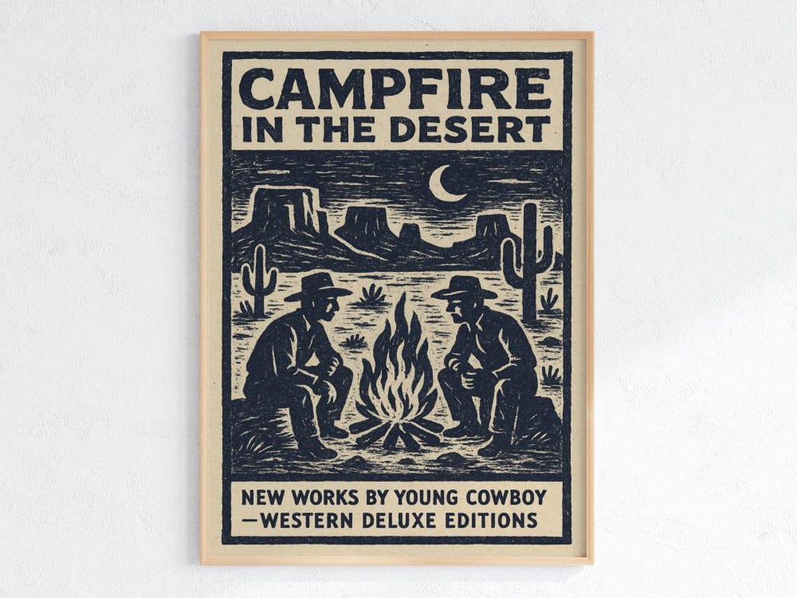 Campfire In The Desert Poster Vintage Cowboy Wall Art Rustic Western Print Night Decor Old West Americana Gift