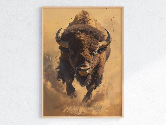 Bison Wall Art Rustic Western Buffalo Print Wildlife Animal Poster Charging Artwork Prairie Decorlodge Cabin