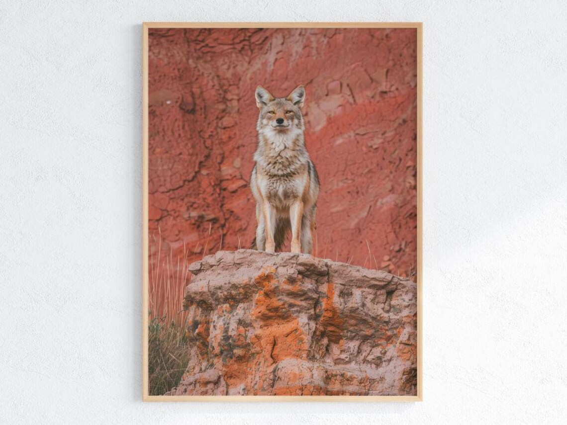 Coyote Standing On Red Rock Desert Wildlife Photography Poster