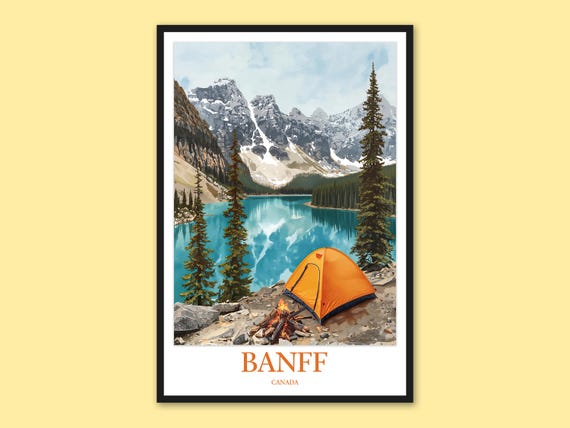 Banff Camping Print Campfire By The Lake Adventure Poster