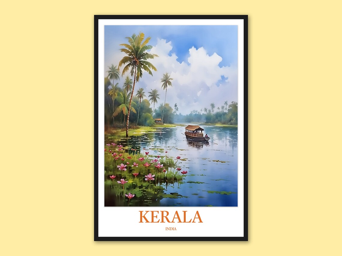 Kerala India Lotus Backwater and Houseboat Watercolor Travel Poster