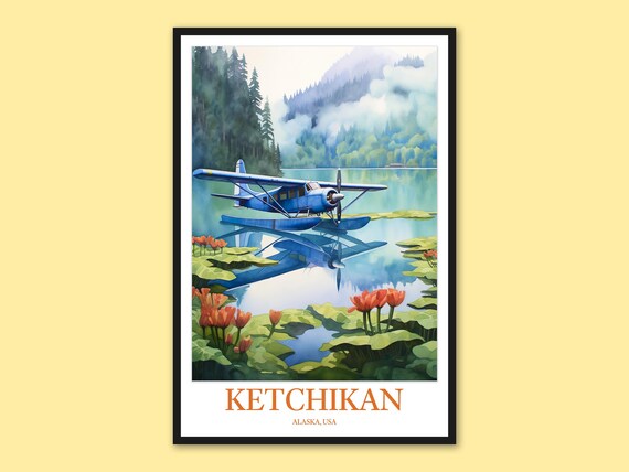 Ketchikan Alaska Blue Floatplane Water Lily Lake Scenic Art Poster