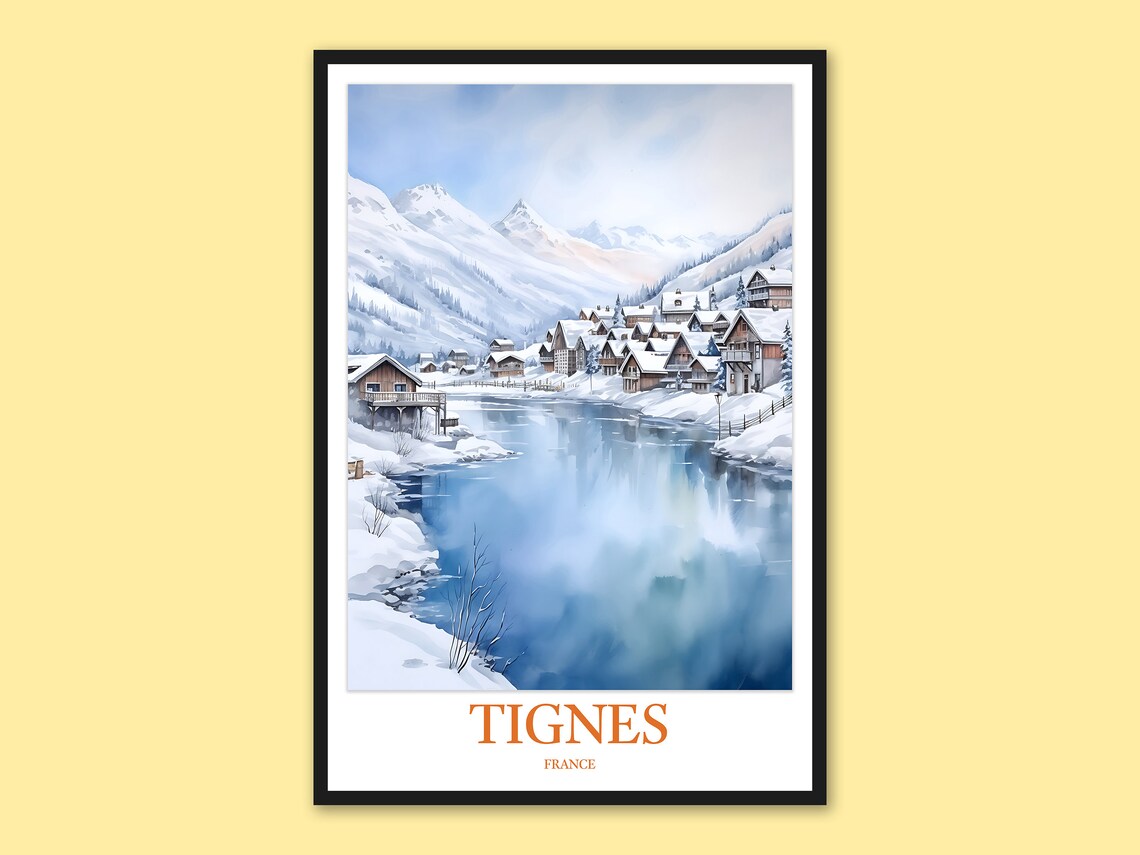 Tignes France Alpine River Village Winter Watercolor Art Poster