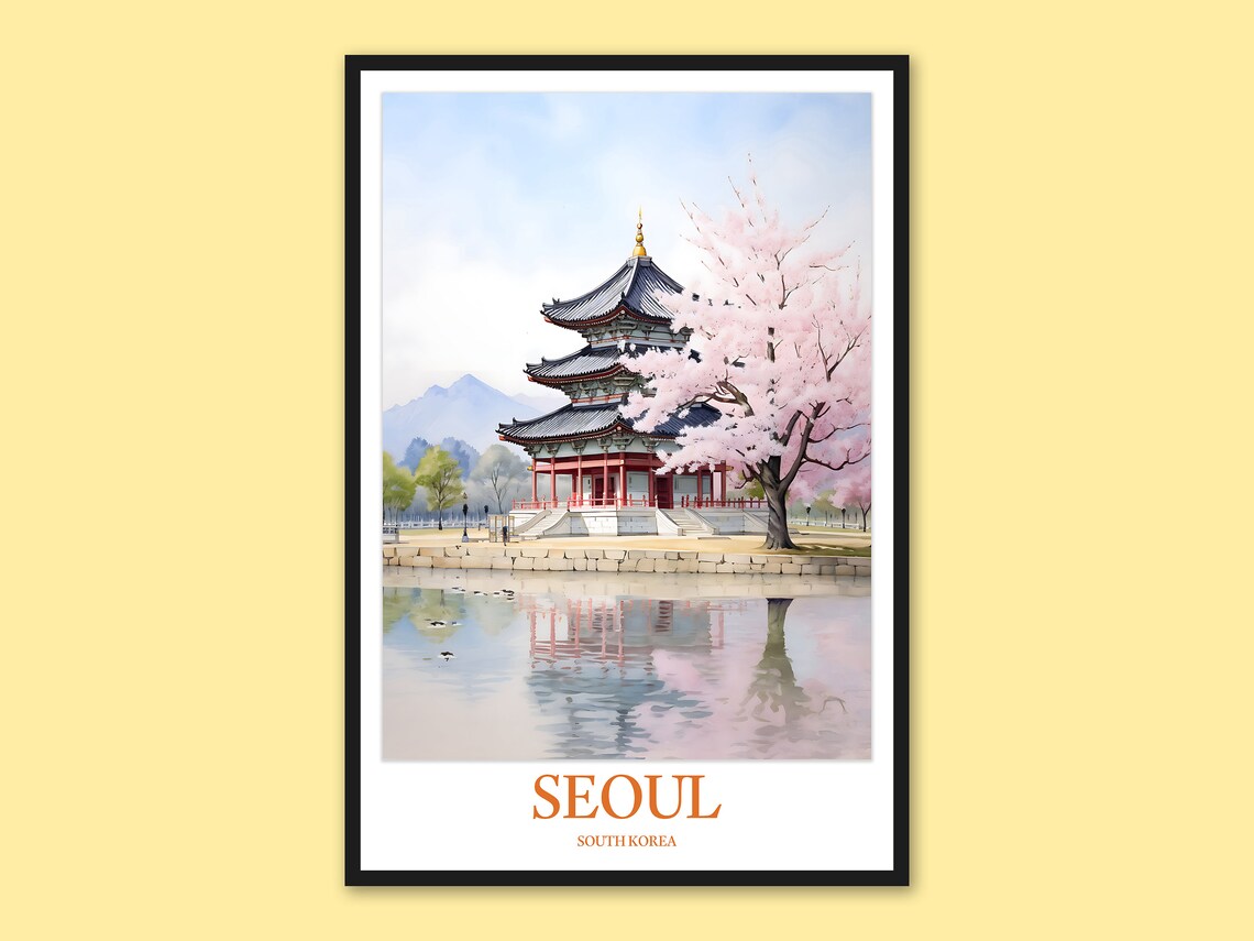 Seoul South Korea Temple Cherry Blossom Lakeside Watercolor Poster