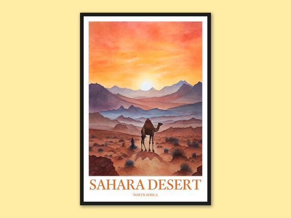 Sahara Desert Camel and Guide in Mountain Valley Sunset Poster