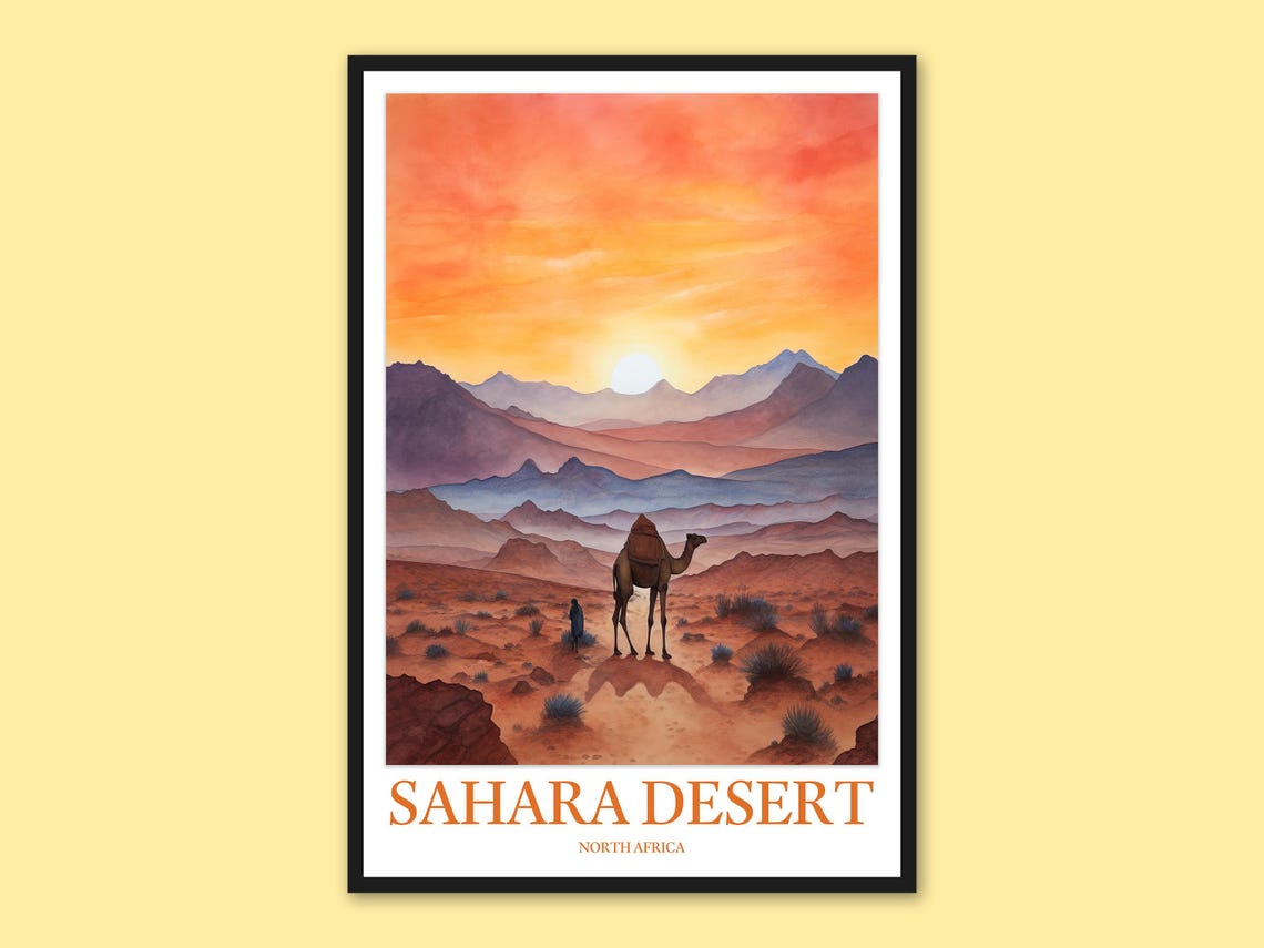 Sahara Desert Camel and Guide in Mountain Valley Sunset Poster