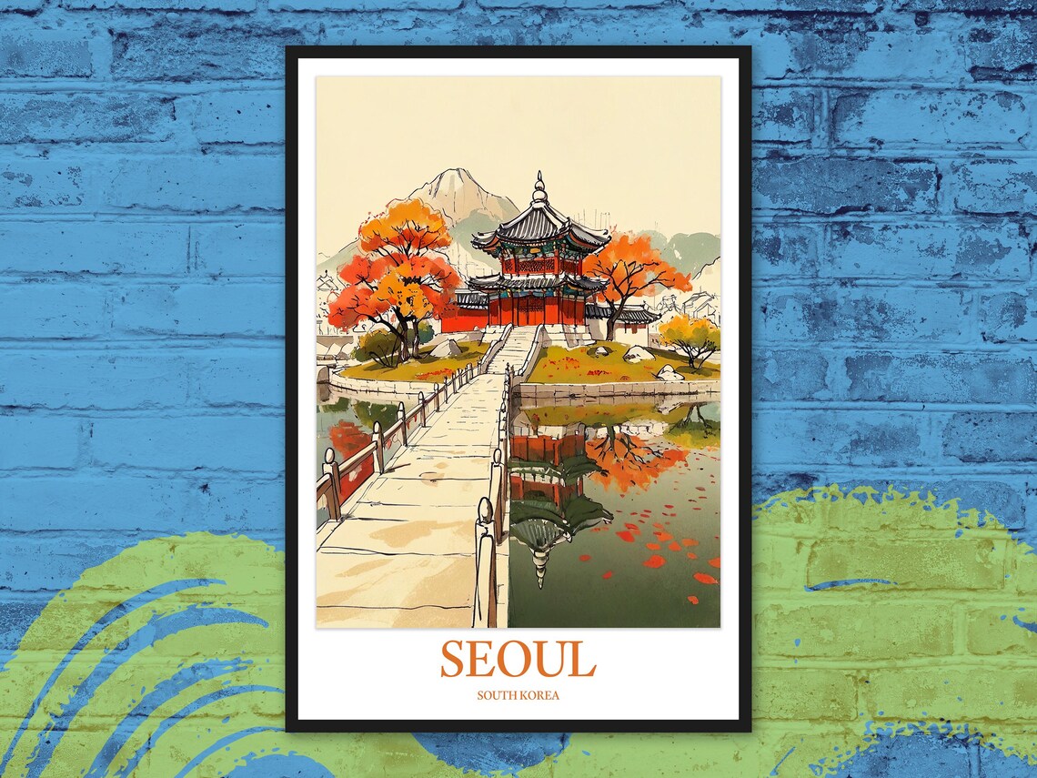 Seoul Autumn Pond Pavilion Bridge Reflection Korea Travel Poster