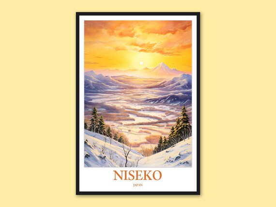 Niseko Japan Winter Sunset Travel Poster Snow Valley Mountain View