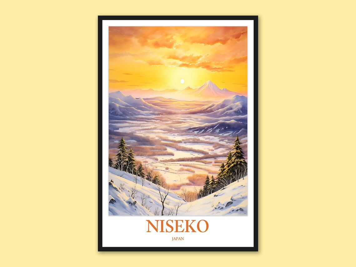 Niseko Japan Winter Sunset Travel Poster Snow Valley Mountain View
