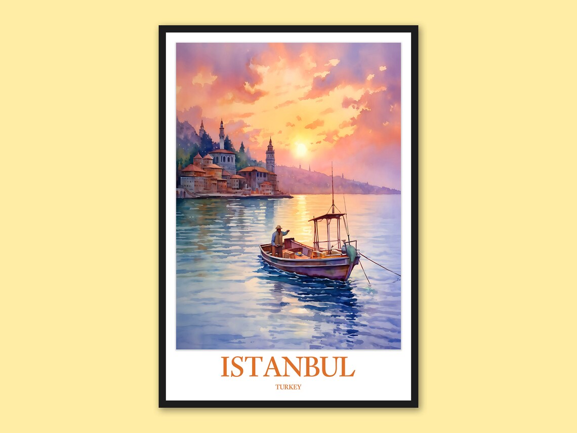 Istanbul Golden Sunset Fishing Boat And Minarets Watercolor Poster