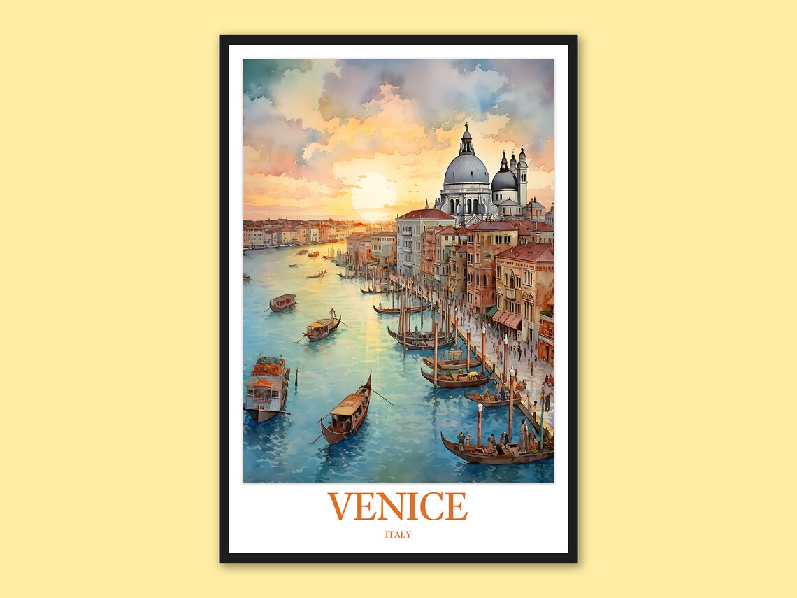 Venice Italy Grand Canal Gondolas Sunset Watercolor Travel Poster