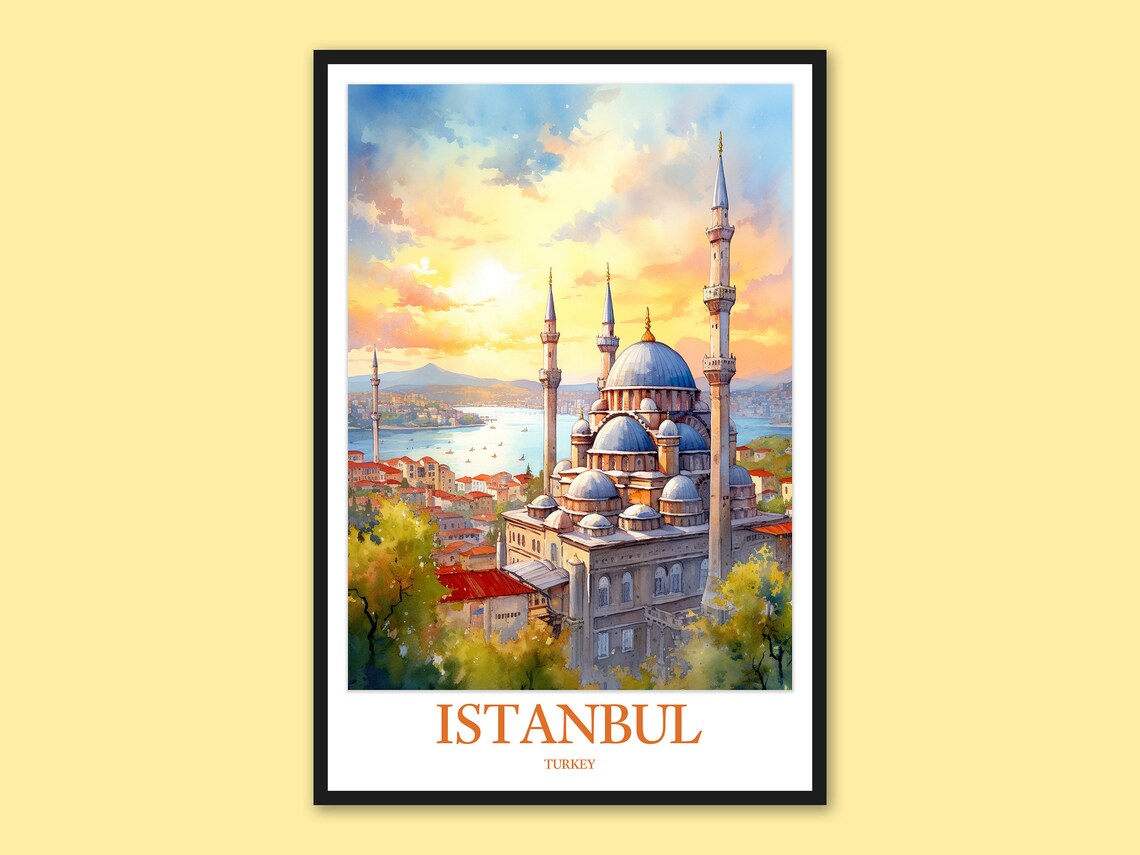 Istanbul Turkey Mosque Old City Sunset Watercolor Travel Poster